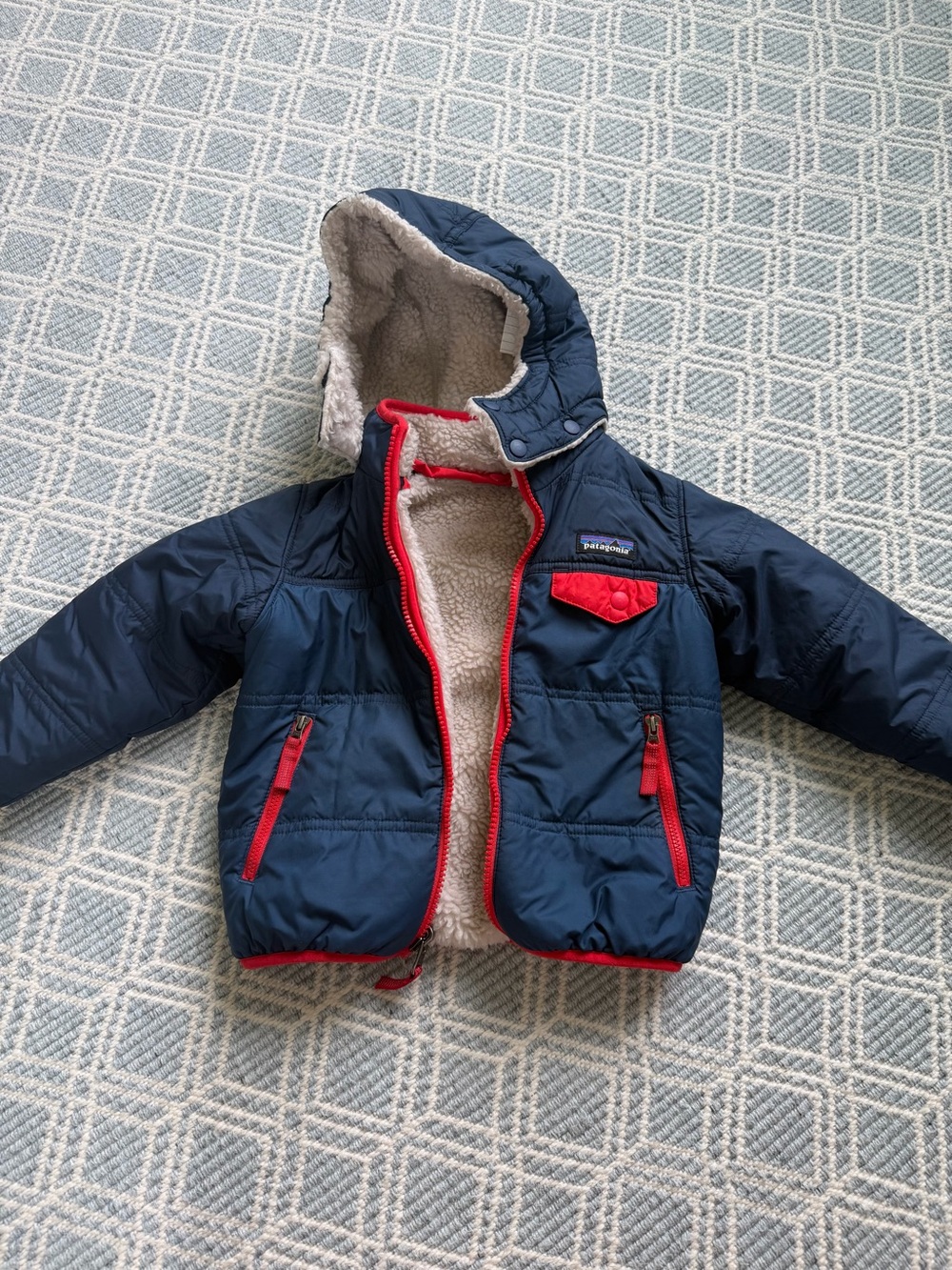 Kids Navy Puffer Jacket with Red Trim and Sherpa Lining